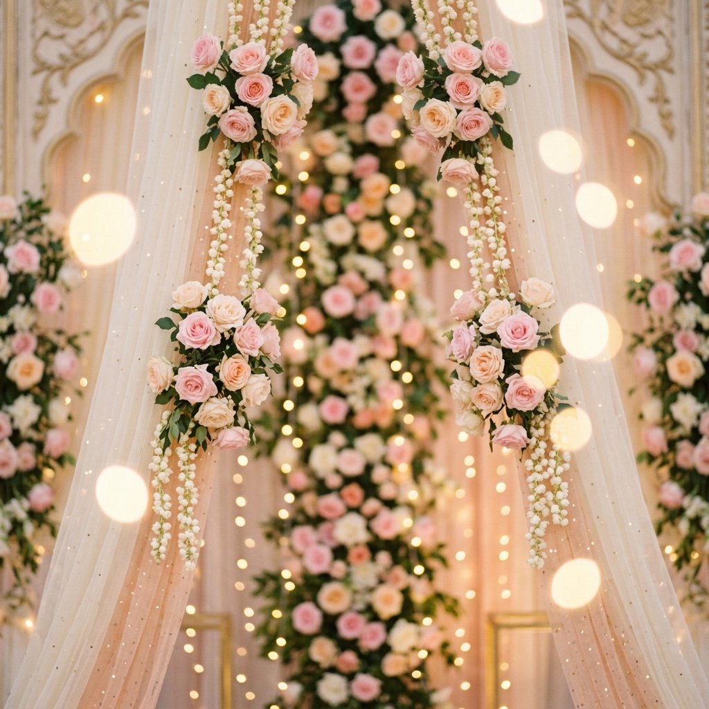Soft rose arrangements at a wedding venue