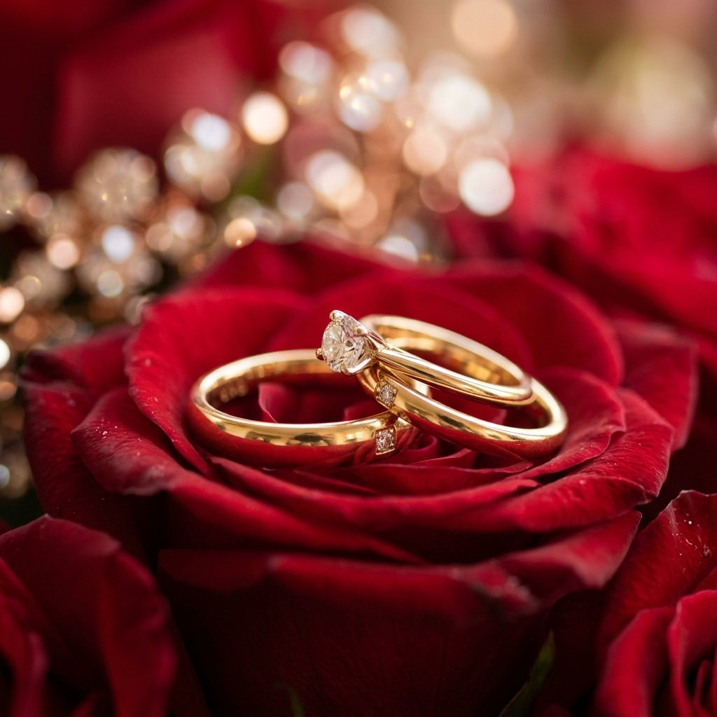 Gold wedding rings resting on a red rose