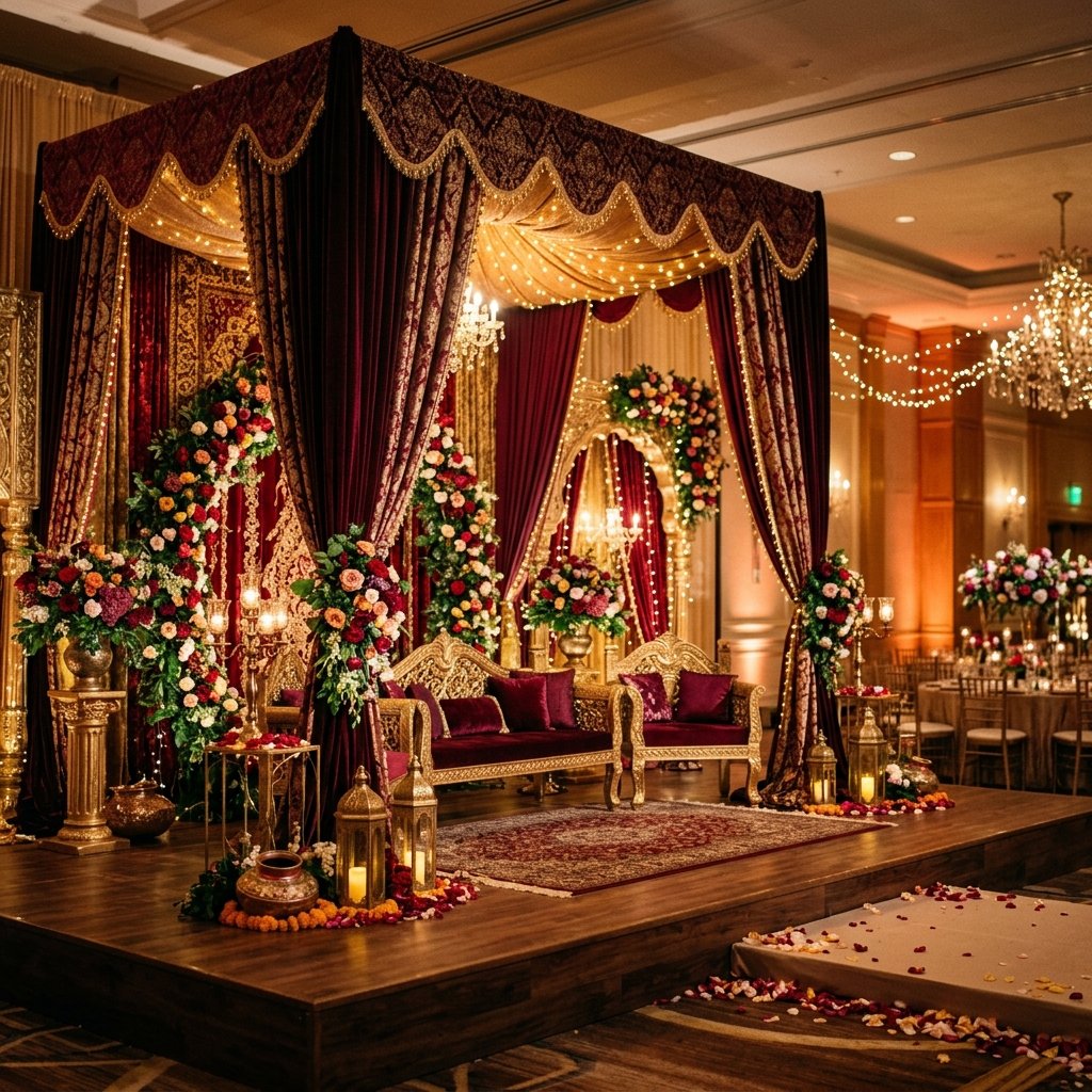Illustrative wedding venue with flowers and burgundy seating
