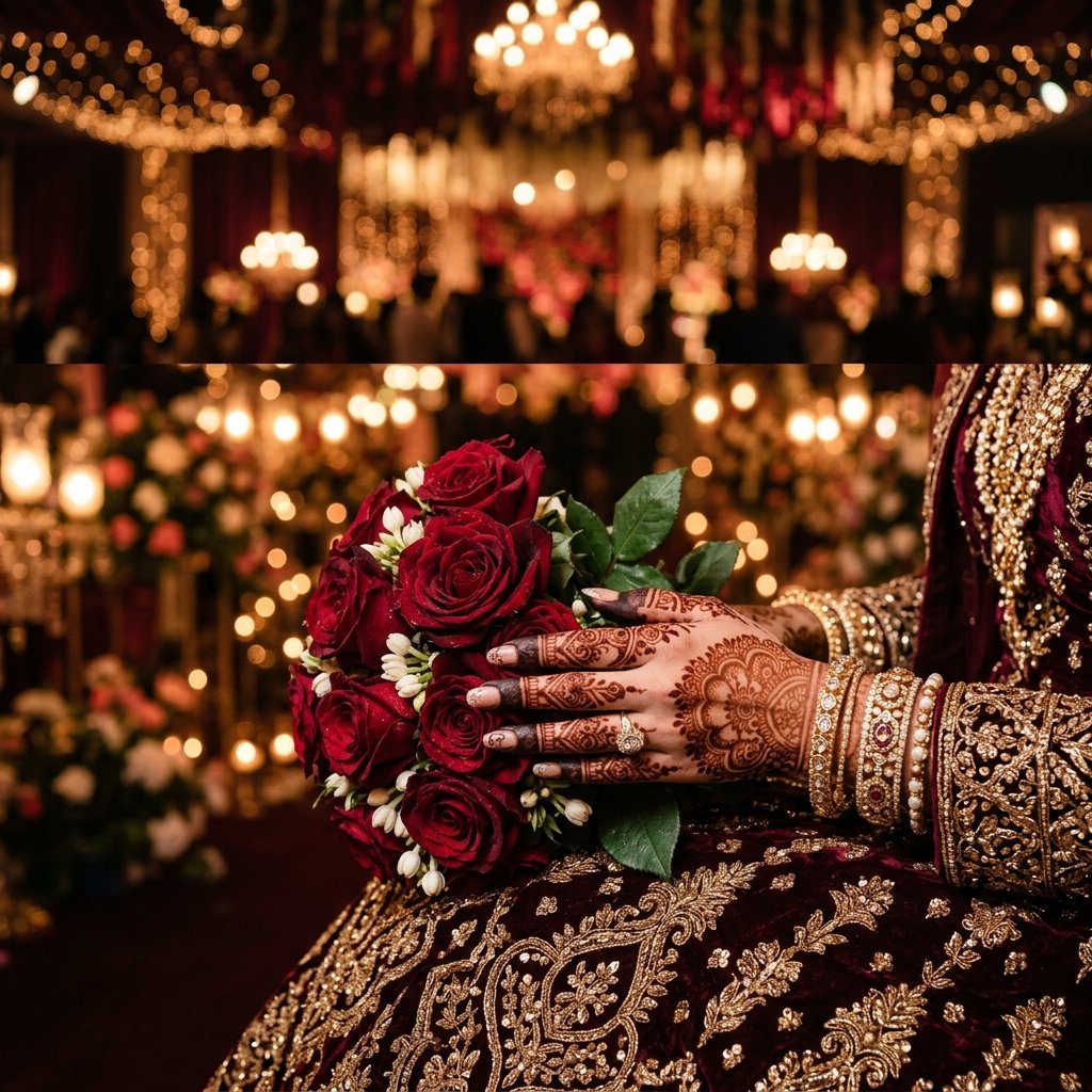 Illustrative bridal bouquet with red roses and embroidered wedding attire